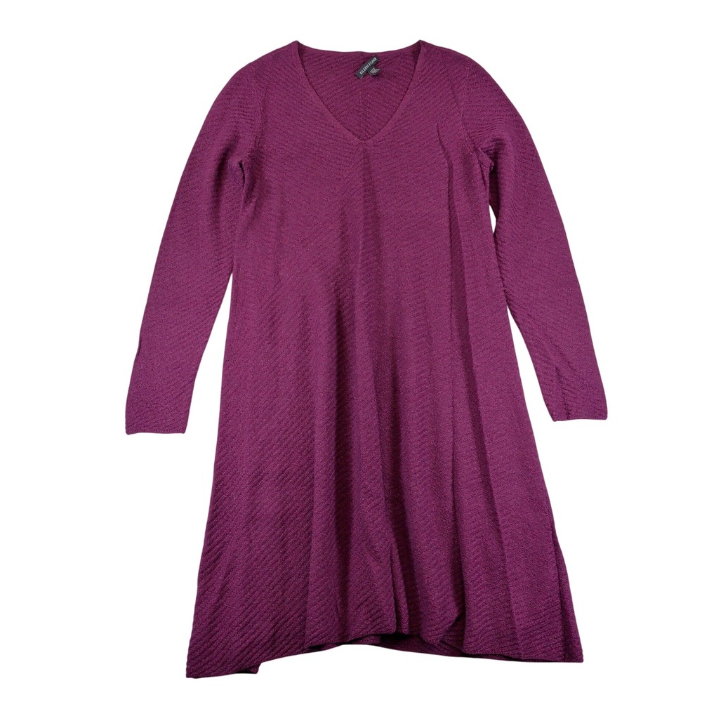 Eileen Fisher Purple 100% Merino Wool V-Neck Ribbed A-Line Sweater Dress XS TP